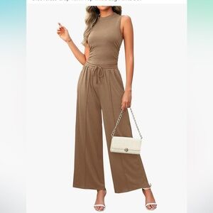 New 2 Piece Knit Ribbed Lounge Set -Sleeveless Crop Tank Top -Wide Leg Pants Set